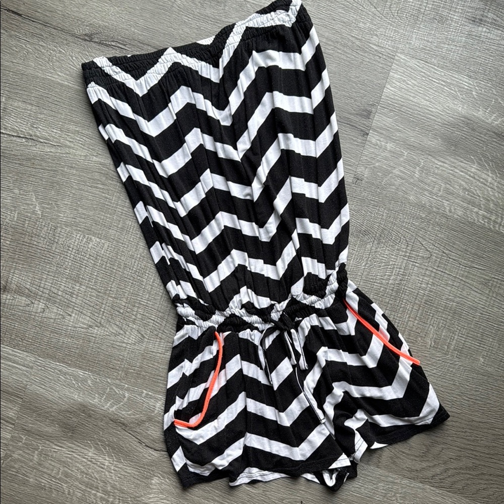 Black and White Striped Strapless Swim Coverup